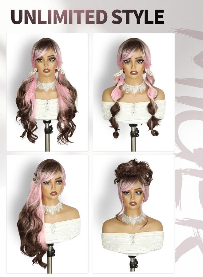 WIGER Long Wavy Hair With Bangs, Pink Romantic Curly Hair With Brown Roots and Ends, Layered Synthetic Curly Hair Brown Ombre Pink Wig for Women Music Festival/Carnival/Valentine's Day wig - Image 4